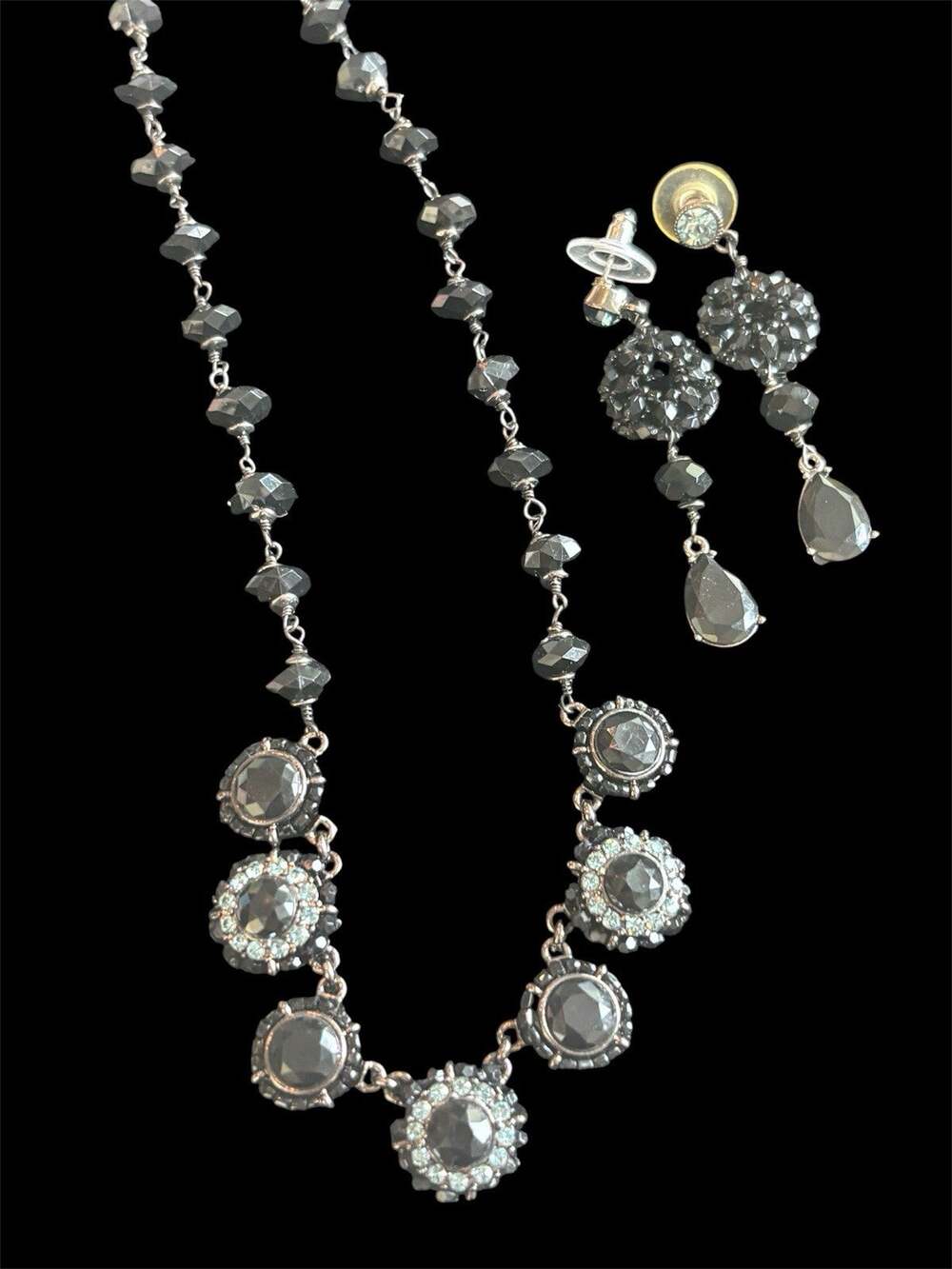 Liz Claiborne Black Silver Rhinestone Parure Set Necklace Dangle Earrings